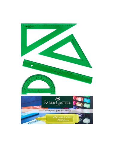 Pack scolaire Faber-Castell de 4 règles - Règle droite - Rapporteur - Équerre - Équerre - Couleur verte transparente