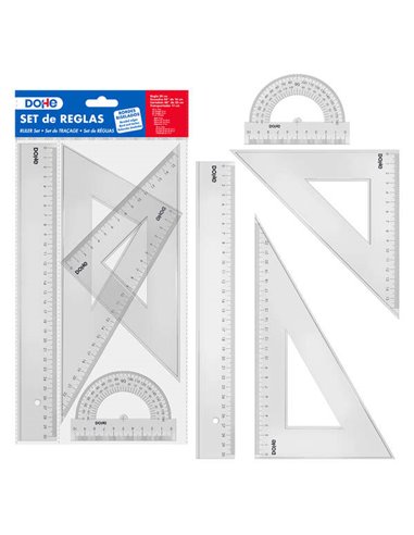 Ensemble de règles Dohe - Règle, équerre, rapporteur et rapporteur - Plastique injecté transparent - Bords biseautés et perlés