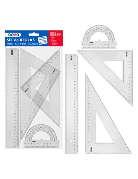 Ensemble de règles Dohe - Règle, équerre, rapporteur et rapporteur - Plastique injecté transparent - Bords biseautés et perlés