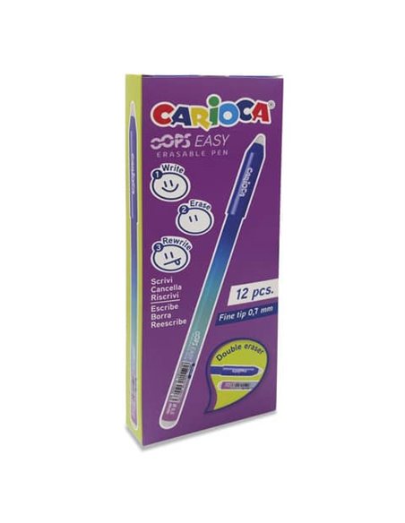 Stylo effaçable Carioca Oops - Pointe 0,7 mm - Encre thermosensible - Corps effet dégradé - Double gomme - Bleu