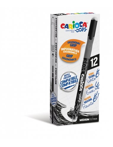 Stylos effaçables Carioca Oops - Encre thermosensible - Poignée triangulaire ergonomique - Pointe de 0,7 mm - Double gomme - Noi