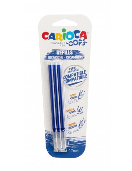 Recharges pour stylo effaçable Carioca Oops - Lot de 3 - Encre thermosensible - Pointe de 0,7 mm - Bleu