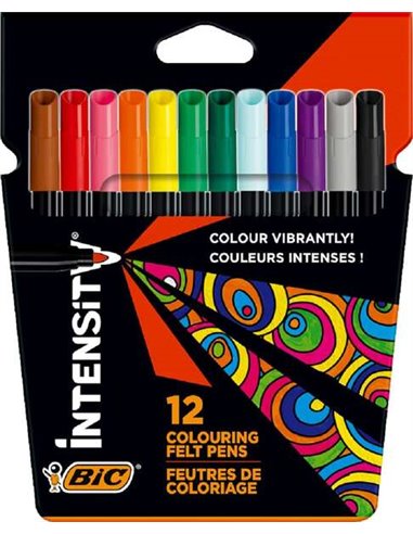 Lot de 12 marqueurs Bic Intensity - Pointe 0,9 mm - Encre lavable à l'eau - Couleurs assorties