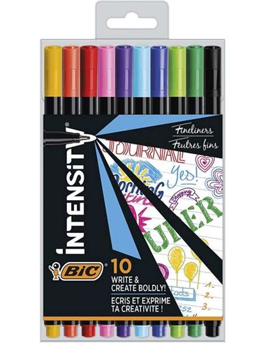 Lot de 10 marqueurs Bic Intensity Fine - Pointe fine 0,8 mm - Trait 0,4 mm - Encre à base d'eau - Couleurs assorties