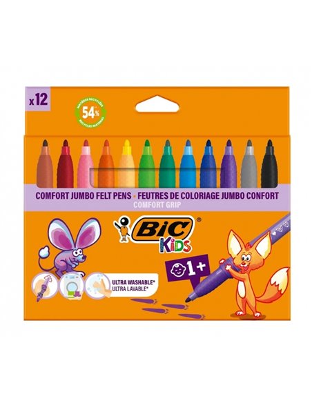 Lot de 12 marqueurs lavables BIC Kids Comfort Jumbo - Faciles à nettoyer - Poignée antidérapante - Couleurs assorties