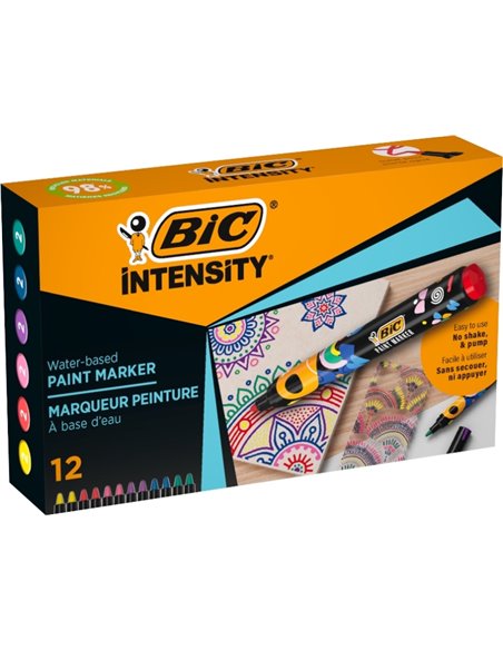 Lot de 12 marqueurs peinture Bic Intensity - Pointe moyenne - Encre à base d'eau - 98 % de matériaux recyclés - Couleurs vives a