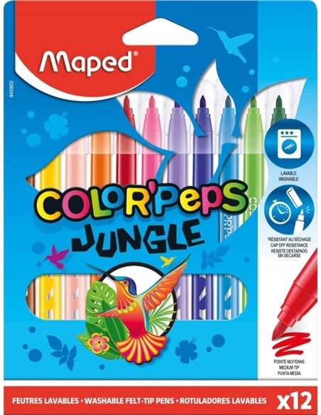 Maped Color'Peps Jungle Pack de 12 marqueurs à pointe moyenne bloquée 2 mm - Ogival, souple et flexible - Encre lavable - Couleu
