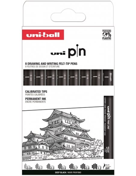 Uni-ball Uni Pin Classic I Pack de 8 marqueurs calibrés 0,03, 0,1, 0,3, 0,5, 0,7, 0,9, 1,2 et pinceau - Pointe en polyacétal - E
