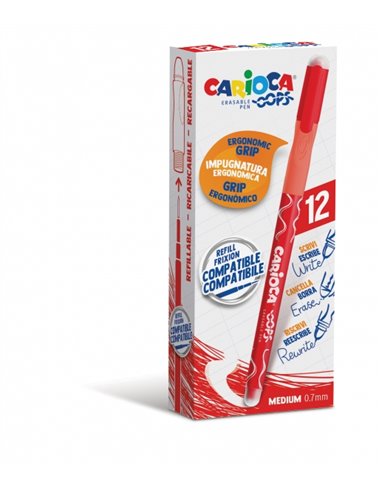 Stylos effaçables Carioca Oops - Encre thermosensible - Poignée triangulaire ergonomique - Pointe de 0,7 mm - Double gomme - Rou