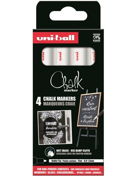 Marqueurs à craie liquide Uni-ball Chalk PWE-5M, lot de 4 – Pointe conique de 1,8 à 2,5 mm – Effaçable à l'eau – Résistant à la 