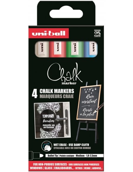 Lot de 4 marqueurs à craie liquide Uni-ball Chalk PWE-5M - Pointe conique 1,8-2,5 mm - Effaçable à l'eau - Résistant à la pluie 