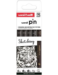 Pack de 5 marqueurs Uni-ball Uni Pin Sketching calibrés 0,4, 0,9, 1,2, pinceau et EFB - Pointe en polyacétal - Encre pigmentée r