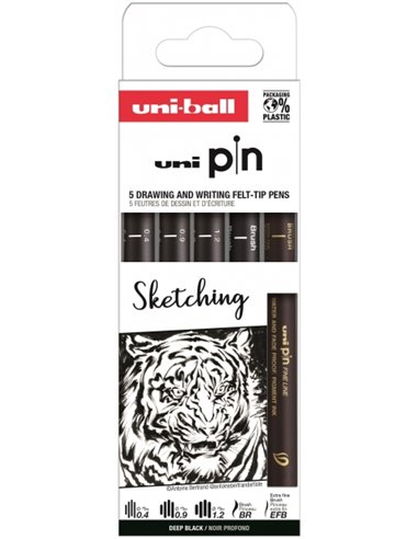 Pack de 5 marqueurs Uni-ball Uni Pin Sketching calibrés 0,4, 0,9, 1,2, pinceau et EFB - Pointe en polyacétal - Encre pigmentée r