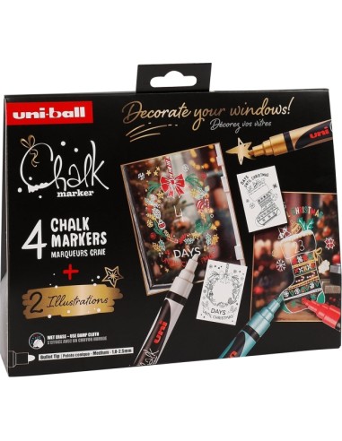Lot de 4 marqueurs à craie liquide Uni-ball Chalk Colors Noël + affiches - Pointe conique 1,8-2,5 mm - Effaçable à l'eau - Résis