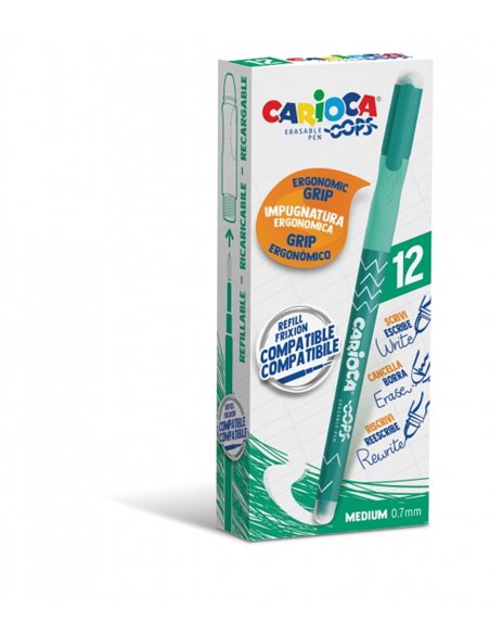 Stylo effaçable Carioca Oops - Encre thermosensible - Poignée triangulaire ergonomique - Pointe de 0,7 mm - Double gomme - Recha