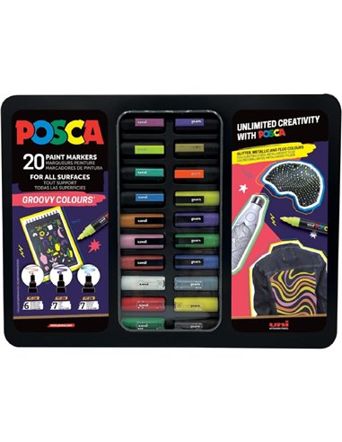 Coffret métal Posca Groovy Colors avec 20 marqueurs peinture - Couleurs et traits assortis - Pointe polyester - Encre pigmentée 