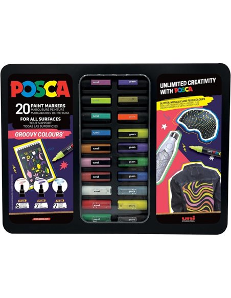 Coffret métal Posca Groovy Colors avec 20 marqueurs peinture - Couleurs et traits assortis - Pointe polyester - Encre pigmentée 