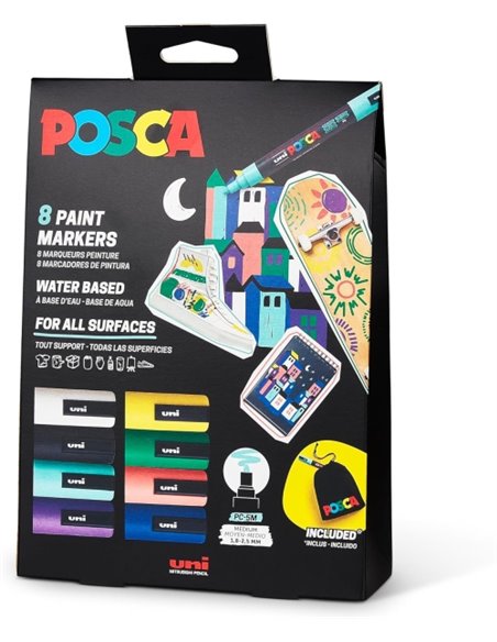Lot de 8 marqueurs peinture Posca PC5M en édition limitée + pochette cadeau en tissu – Pointe arrondie 1,8-2,5 mm – Encre à base