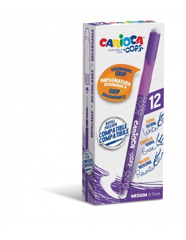 Stylos effaçables Carioca Oops - Encre thermosensible - Poignée triangulaire ergonomique - Pointe de 0,7 mm - Double gomme - Vio
