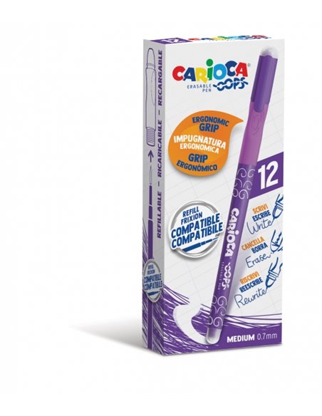 Stylos effaçables Carioca Oops - Encre thermosensible - Poignée triangulaire ergonomique - Pointe de 0,7 mm - Double gomme - Vio