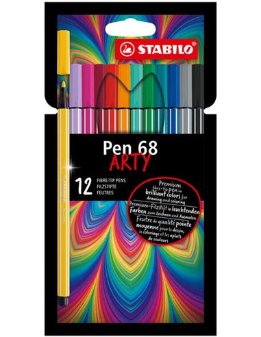 Lot de 12 marqueurs Stabilo Pen 68 Arty - Pointe fibre - Trait d'environ 1 mm - Encre à base d'eau - Capuchon ventilé - Couleurs