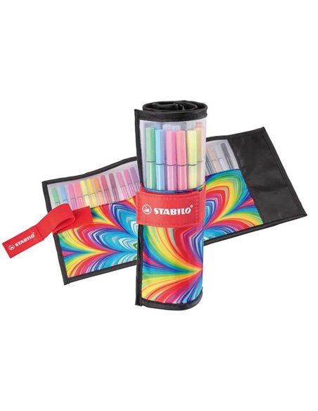 Stylo roller Stabilo Pen 68 Arty, lot de 25 marqueurs, étui en nylon enroulable, pointe fibre, trait d'environ 1 mm, encre à bas