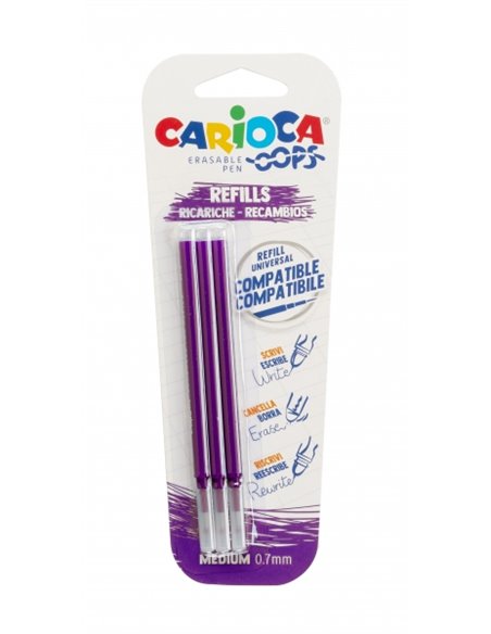 Carioca Oops Blister de 3 recharges pour stylo effaçable - Encre thermosensible - Pointe 0,7 mm - Recharges compatibles - Violet