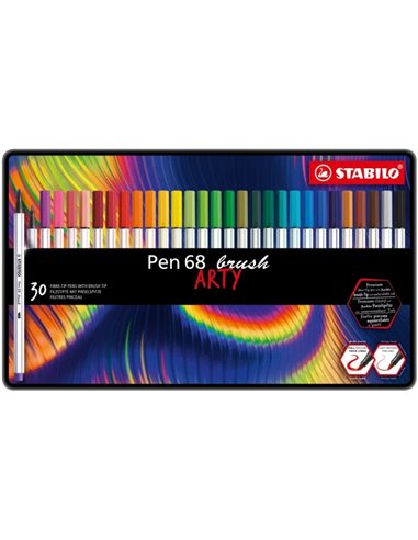 Stabilo Pen 68 Brush Arty Boîte Métal de 30 Marqueurs - Pointe Pinceau - Encre à l'eau - Couleurs assorties