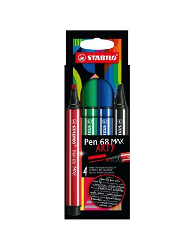 Lot de 4 marqueurs Stabilo Pen 68 MAX Arty – Pointe biseautée – Taille de trait : environ 1 à 5 mm – Encre à base d'eau – Couleu