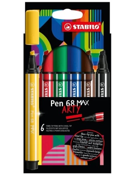 Marqueurs Stabilo Pen 68 MAX Arty, lot de 6 – Pointe biseautée – Taille de trait : environ 1 à 5 mm – Encre à base d'eau – Coule