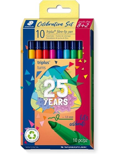 Lot de 10 marqueurs Staedtler Triplus Color 323 - Trait d'environ 1 mm - Encre anti-séchage - Capuchon ventilé - Couleurs assort