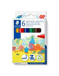 Lot de 6 marqueurs Staedtler Noris Jumbo 340 - Pointe fibre - Course 3 mm - Capuchon ventilé - Couleurs assorties