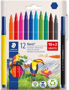 Lot de 12 marqueurs à pointe fine Staedtler Noris 326 - Ligne 1 mm - Pot à base d'eau - Bouchon ventilé - Couleurs assorties