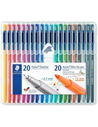 Staedtler Triplus Lot de 20 marqueurs pointe fine 0,3 mm + 20 marqueurs pointe fibre 1 mm - Capuchon avec clip - Couleurs assort