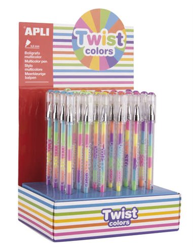 Stylos gel Apli Display Twist Colors - 0,8 mm - Encre changeante de couleur - Finition fluorescente - 24 unités - Séchage rapide