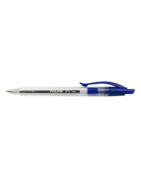 Stylo à bille rétractable Milan P1 - Pointe ronde 1 mm - Corps transparent - Bleu