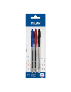 Milan P1 Lot de 3 stylos à bille rétractables - Pointe ronde 1 mm - Corps transparent - Bleu, noir et rouge