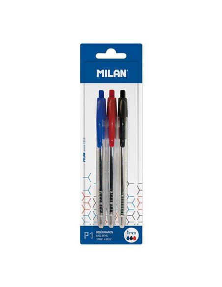 Milan P1 Lot de 3 stylos à bille rétractables - Pointe ronde 1 mm - Corps transparent - Bleu, noir et rouge