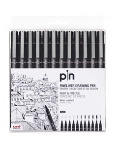 Lot de 12 marqueurs Uni-ball Uni Pin calibrés 0,03, 0,05, 0,1, 0,2, 0,3, 0,4, 0,5, 0,6, 0,7, 0,8, pinceau - Pointe en polyacétal