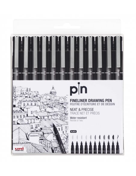 Lot de 12 marqueurs Uni-ball Uni Pin calibrés 0,03, 0,05, 0,1, 0,2, 0,3, 0,4, 0,5, 0,6, 0,7, 0,8, pinceau - Pointe en polyacétal