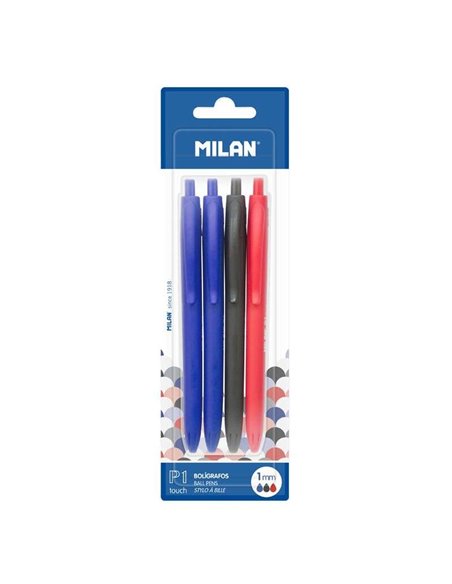 Lot de 4 stylos à bille rétractables Milan P1 Touch - Pointe ronde 1 mm - Encre à base d'huile - Écriture fluide - Portée d'écri