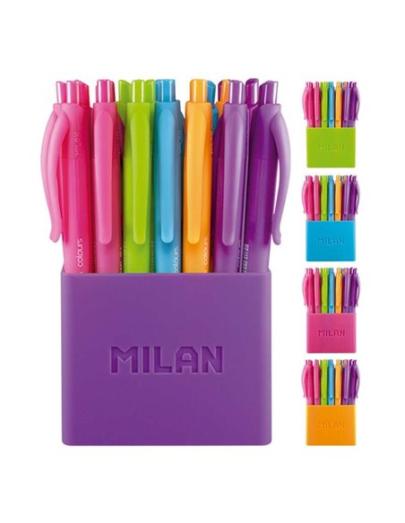 Lot de 24 stylos à bille rétractables Milan P1 Touch Colours - Pointe ronde 1,0 mm - Encre à l'huile - Corps couleur encre - Cou