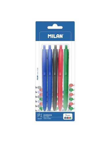 Lot de 5 stylos à bille rétractables Milan P1 Touch - Pointe ronde 1 mm - Encre à base d'huile - Écriture fluide - Portée d'écri