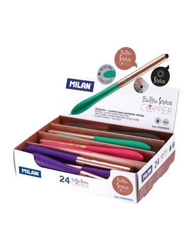 Milan Stylus Copper, coffret de 24 stylos à bille rétractables - Pointe de 1 mm - Stylet pour écran tactile - Corps de couleurs 