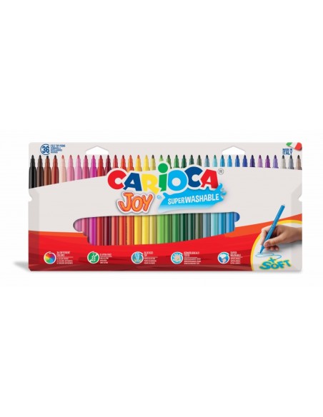 Lot de 36 marqueurs super lavables Carioca Joy - Pointe fine 2,8 mm - Pointe bloquée - Capuchon ventilé - Couleurs assorties