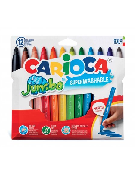 Lot de 12 marqueurs Carioca Jumbo - Corps octogonal Maxi - Encre super lavable - Pointe bloquée Maxi 6 mm - Capuchon ventilé - C