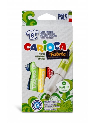 Pack de 6 marqueurs pour tissus Carioca Fabric - Pointe Maxi Ø 6 mm - Encre spéciale pour tissus - Couleurs indélébiles après ap