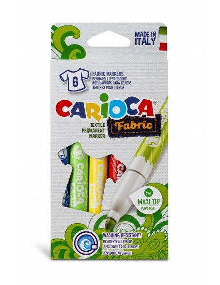 Pack de 6 marqueurs pour tissus Carioca Fabric - Pointe Maxi Ø 6 mm - Encre spéciale pour tissus - Couleurs indélébiles après ap