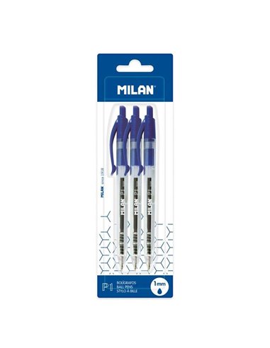 Lot de 3 stylos à bille rétractables Milan P1 - Pointe ronde 1 mm - Corps transparent - Bleu