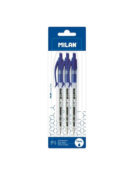 Lot de 3 stylos à bille rétractables Milan P1 - Pointe ronde 1 mm - Corps transparent - Bleu